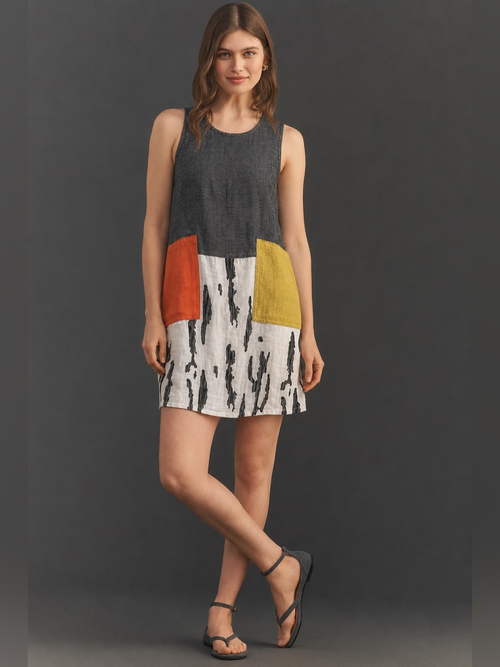 Anthropologie Khangura Linen Blend Sleeveless Loose Fit Dress Pockets 711